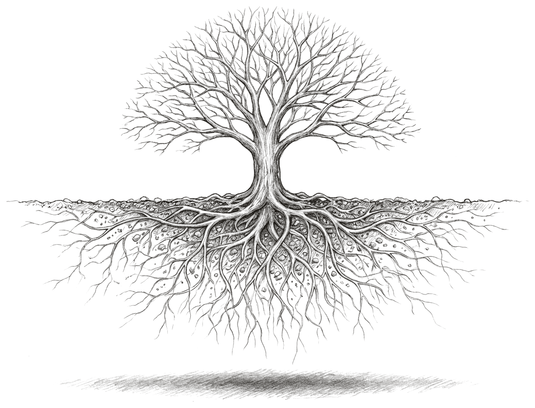 A pencil drawing of a single tree shown whole, above and below the ground at once. Above a soil line the trunk divides into a broad rounded crown of bare leafless branches thinning out into fine twigs. Below the line a root system of the same width and density fans out through the soil, tapering into fine rootlets that mirror the branches above it. A soft shadow lies beneath.